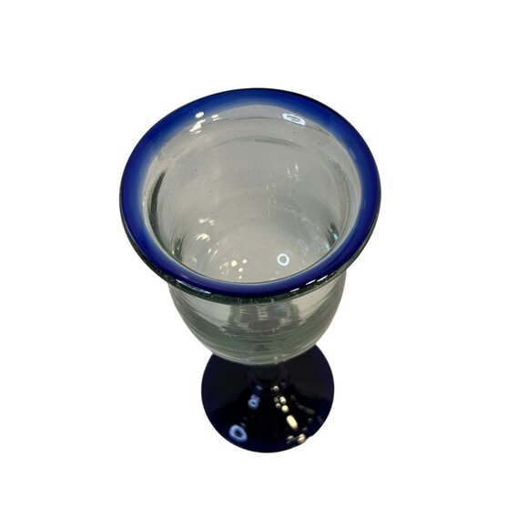 Set-2 Hand Blown Mexican Wine/Water Glass Goblets Cobalt Blue Rims & Base 8" - Picture 3 of 9